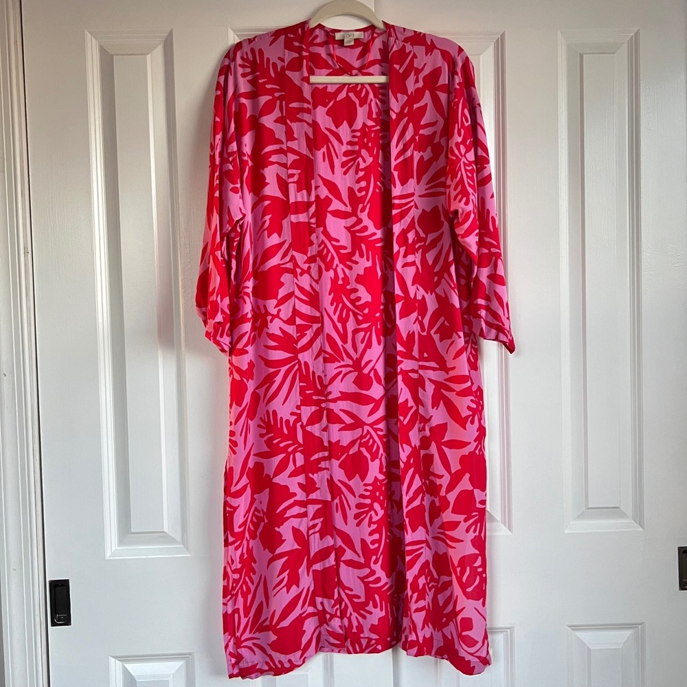 Loft Pink Red Tropical Leaf Print Resortwear Duster Kimono Coverup Size XS/S